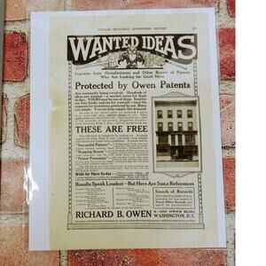 1914 Wanted Ideas - Protected by Owen Patents - Original Antique‎ Vtg PRINT AD